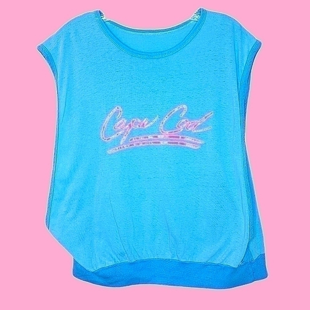 Cape Cod vacation sleeveless tourist tee shirt pink and blue with round neck